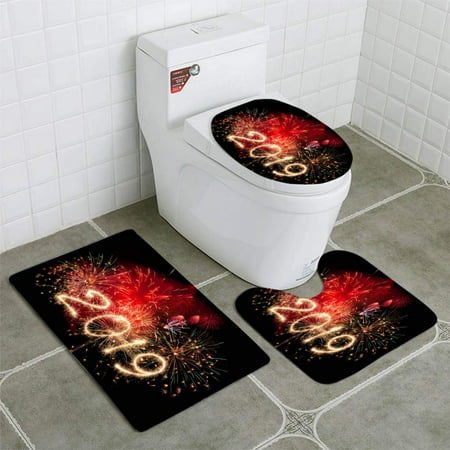 GOHAO New Year Fireworks and 2019 3 Piece Bathroom Rugs Set Bath Rug Contour Mat and Toilet Lid Cover