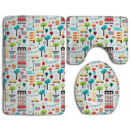 GOHAO New York City Colorful 3 Piece Bathroom Rugs Set Bath Rug Contour Mat and Toilet Lid Cover