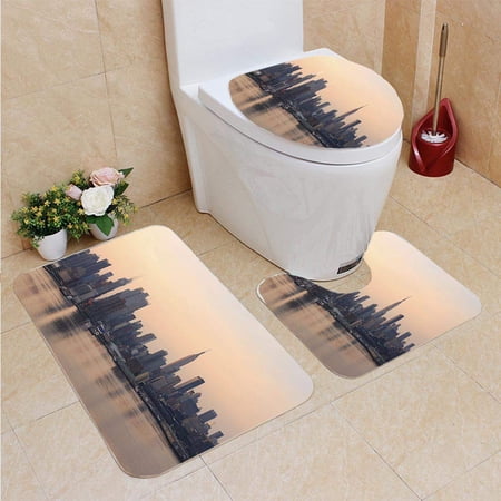 GOHAO New York City in Morning 3 Piece Bathroom Rugs Set Bath Rug Contour Mat and Toilet Lid Cover