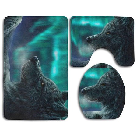 GOHAO Northern Lights Wolf1 3 Piece Bathroom Rugs Set Bath Rug Contour Mat and Toilet Lid Cover