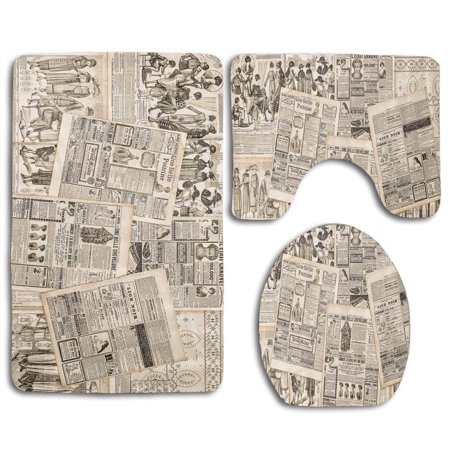 GOHAO Nostalgic Aged Pages Antique Advertising Fashion Magazines 3 Piece Bathroom Rugs Set Bath Rug Contour Mat and Toilet Lid Cover