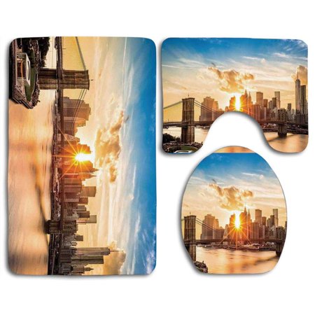 GOHAO Nyc Cityscape Brooklyn Bridge and Lower Manhattan Hudson River Center Fashion Art and Culture 3 Piece Bathroom Rugs Set Bath Rug Contour Mat and Toilet Lid Cover