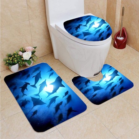 GOHAO Ocean Life Under Waves 3 Piece Bathroom Rugs Set Bath Rug Contour Mat and Toilet Lid Cover