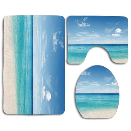 GOHAO Ocean Tropical Carribean Sea Shore Sand Beach Blue Calm Peaceful Sea 3 Piece Bathroom Rugs Set Bath Rug Contour Mat and Toilet Lid Cover