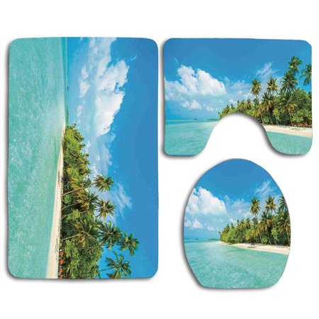 GOHAO Ocean Tropical Island Photo Sandy Beach and Palm Tree Nature Exotic Holiday Theme 3 Piece Bathroom Rugs Set Bath Rug Contour Mat and Toilet Lid Cover