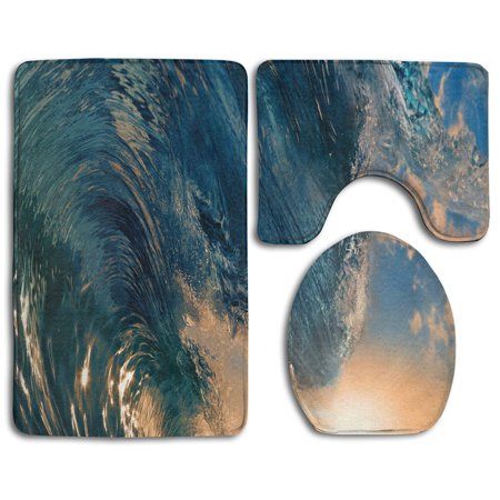 GOHAO Ocean Water Wave Sunset Sky 3 Piece Bathroom Rugs Set Bath Rug Contour Mat and Toilet Lid Cover