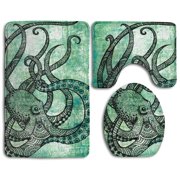 GOHAO Octopus Painting 3 Piece Bathroom Rugs Set Bath Rug Contour Mat and Toilet Lid Cover