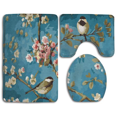 GOHAO Oil Painting Birds 3 Piece Bathroom Rugs Set Bath Rug Contour Mat and Toilet Lid Cover