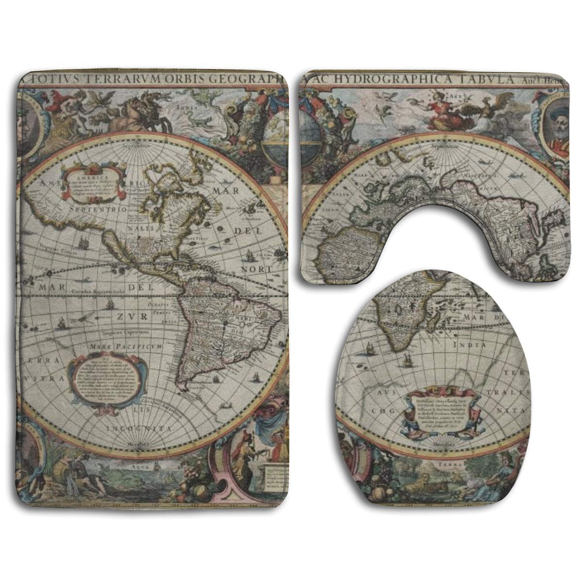 GOHAO Old Vintage World Map 3 Piece Bathroom Rugs Set Bath Rug Contour ...