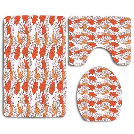 GOHAO Orange Blossoming Hand Drawn Lotus Leaves Garden Flowers Botanical Nature Theme 3 Piece Bathroom Rugs Set Bath Rug Contour Mat and Toilet Lid Cover