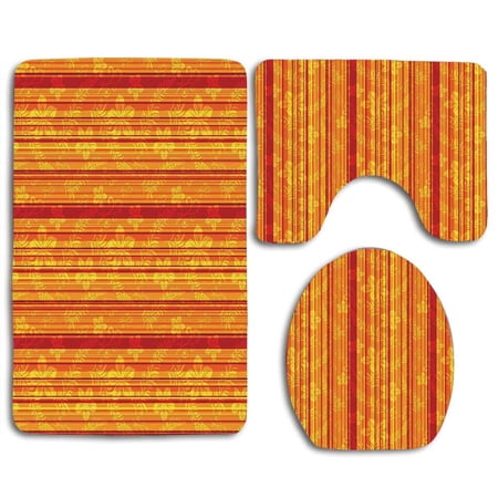 GOHAO Orange Vertically Stripes Stylized Flowers Swirled Leaves and Dots 3 Piece Bathroom Rugs Set Bath Rug Contour Mat and Toilet Lid Cover