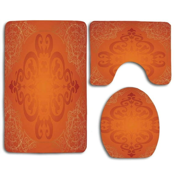 GOHAO Orange royal Antique Motifs Victorian Swirls Vintage Traditional Revival orange Gold 3 Piece Bathroom Rugs Set Bath Rug Contour Mat and Toilet Lid Cover