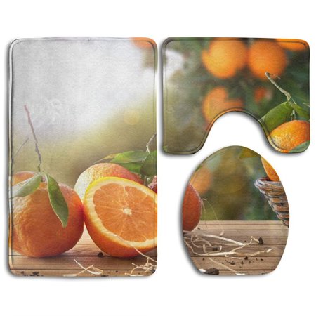 GOHAO Oranges Group Freshly Picked Basket Wooden Table An Orange Grove 3 Piece Bathroom Rugs Set Bath Rug Contour Mat and Toilet Lid Cover
