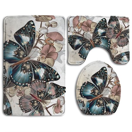 GOHAO Orchid And Butterflies 3 Piece Bathroom Rugs Set Bath Rug Contour Mat and Toilet Lid Cover