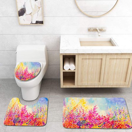 GOHAO Original Landscape Painting Imagination Colorful Beauty Flowers 3 Piece Bathroom Rugs Set Bath Rug Contour Mat and Toilet Lid Cover