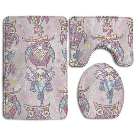 GOHAO Owl Absorbent 3 Piece Bathroom Rugs Set Bath Rug Contour Mat and Toilet Lid Cover