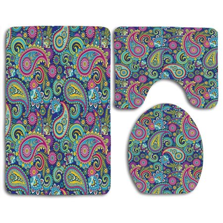 GOHAO Paisley Ornate Traditional Paisley Elements Original Ethnic Details Bohemian Style 3 Piece Bathroom Rugs Set Bath Rug Contour Mat and Toilet Lid Cover