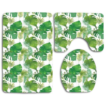 GOHAO Palm Leaf Tropical Leaves 3 Piece Bathroom Rugs Set Bath Rug Contour Mat and Toilet Lid Cover