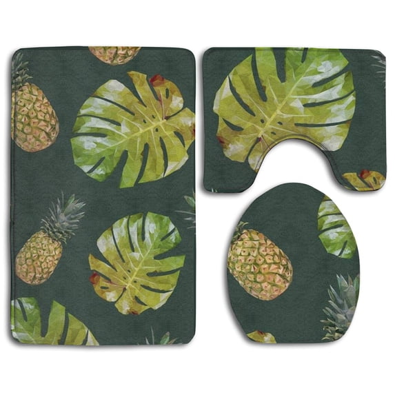 GOHAO Palm Leaves Pineapple 3 Piece Bathroom Rugs Set Bath Rug Contour Mat and Toilet Lid Cover