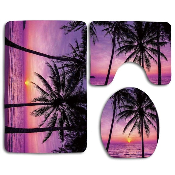 GOHAO Palm Trees Silhouette at Sunset Dreamy 3 Piece Bathroom Rugs Set Bath Rug Contour Mat and Toilet Lid Cover