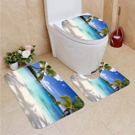 GOHAO Palm Trees Tropical Beach in Virgin Islands 3 Piece Bathroom Rugs Set Bath Rug Contour Mat and Toilet Lid Cover