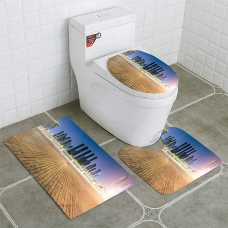 GOHAO Panoramic Skyline and Modern Business Office Buildings Empty Road Empty 3 Piece Bathroom Rugs Set Bath Rug Contour Mat and Toilet Lid Cover