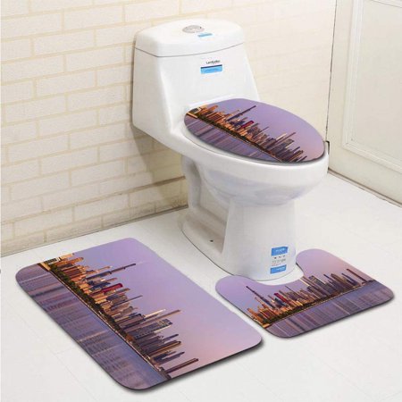 GOHAO Panoramic View Chicago Skyline at Dawn 3 Piece Bathroom Rugs Set Bath Rug Contour Mat and Toilet Lid Cover