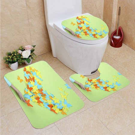 GOHAO Paper Butterflies Hand Wall 3 Piece Bathroom Rugs Set Bath Rug Contour Mat and Toilet Lid Cover