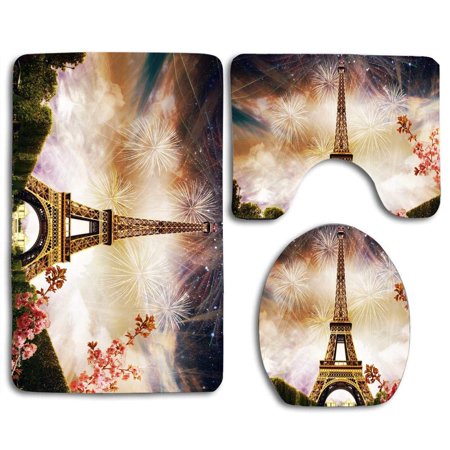 GOHAO Paris Love Flowers Nature Trees Sky 3 Piece Bathroom Rugs Set Bath Rug Contour Mat and Toilet Lid Cover