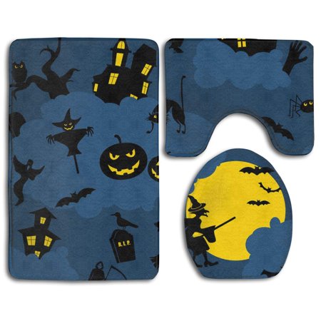 GOHAO Party Pumpkin 3 Piece Bathroom Rugs Set Bath Rug Contour Mat and Toilet Lid Cover