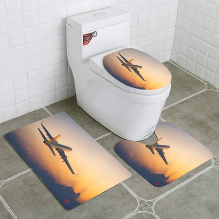 GOHAO Passenger Airplane Flying Above Clouds During Sunset 3 Piece Bathroom Rugs Set Bath Rug Contour Mat and Toilet Lid Cover