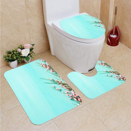 GOHAO Pastel Flowers 3 Piece Bathroom Rugs Set Bath Rug Contour Mat and Toilet Lid Cover