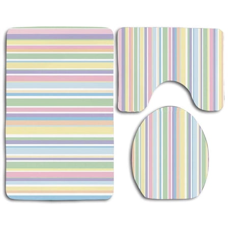 GOHAO Pastel Vertically Striped Different Colored Straight Lines Classical Old Fashioned 3 Piece Bathroom Rugs Set Bath Rug Contour Mat and Toilet Lid Cover