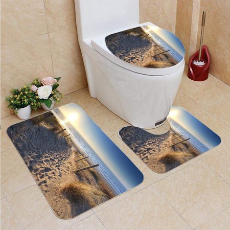 GOHAO Path to Sand Beach in North sea 3 Piece Bathroom Rugs Set Bath Rug Contour Mat and Toilet Lid Cover