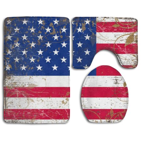 GOHAO Patriotic Badge 3 Piece Bathroom Rugs Set Bath Rug Contour Mat and Toilet Lid Cover