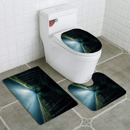 GOHAO Paved Road Going Through Woods at Night 3 Piece Bathroom Rugs Set Bath Rug Contour Mat and Toilet Lid Cover