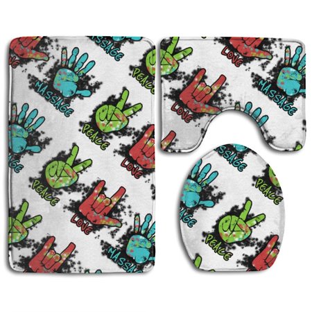 GOHAO Peace Love Massage 3 Piece Bathroom Rugs Set Bath Rug Contour Mat and Toilet Lid Cover
