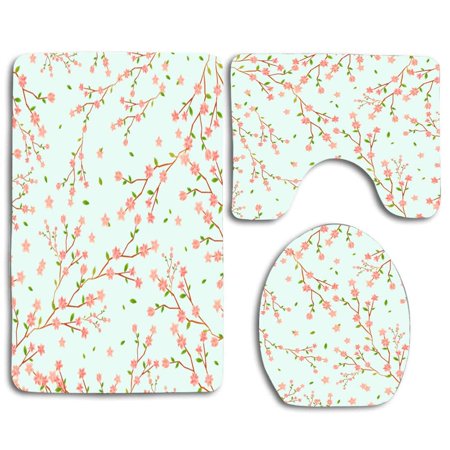 GOHAO Peach Blossom 3 Piece Bathroom Rugs Set Bath Rug Contour Mat and Toilet Lid Cover