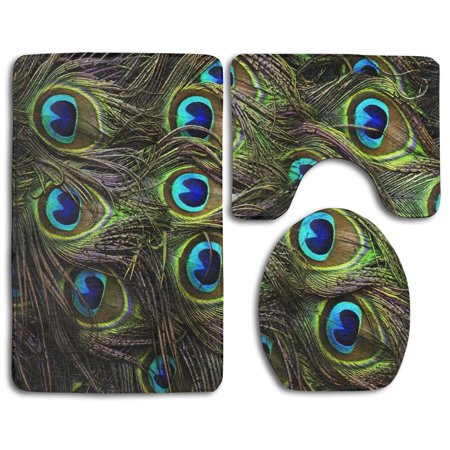 GOHAO Peacock Feather 3 Piece Bathroom Rugs Set Bath Rug Contour Mat and Toilet Lid Cover
