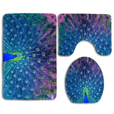 GOHAO Peacock Opening 3 Piece Bathroom Rugs Set Bath Rug Contour Mat and Toilet Lid Cover