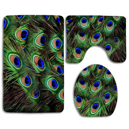 GOHAO Peacocks Feathers 3 Piece Bathroom Rugs Set Bath Rug Contour Mat and Toilet Lid Cover