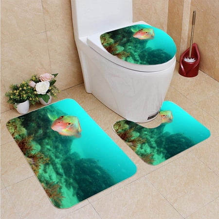 GOHAO Peixe rei 3 Piece Bathroom Rugs Set Bath Rug Contour Mat and Toilet Lid Cover