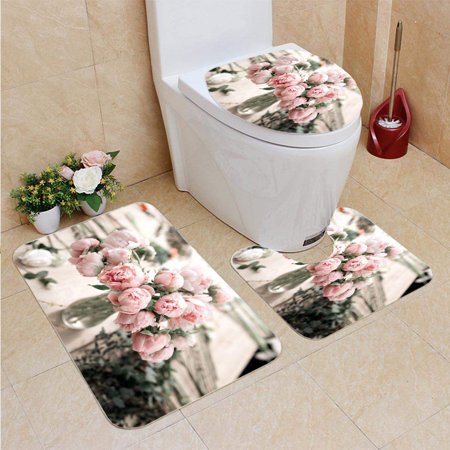 GOHAO Peonies in vase Wooden Floor Bokeh Retro Styled Photo Soft Focus 3 Piece Bathroom Rugs Set Bath Rug Contour Mat and Toilet Lid Cover