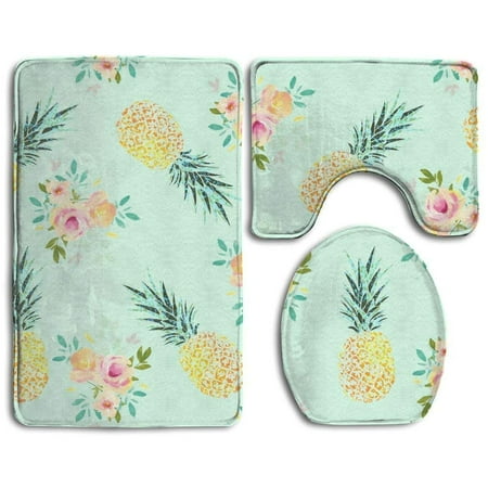 GOHAO Pineapple and Flowers 3 Piece Bathroom Rugs Set Bath Rug Contour Mat and Toilet Lid Cover