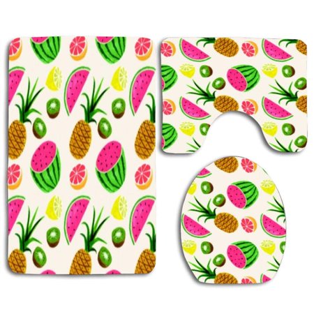 GOHAO Pineapple and Watermelon 3 Piece Bathroom Rugs Set Bath Rug Contour Mat and Toilet Lid Cover