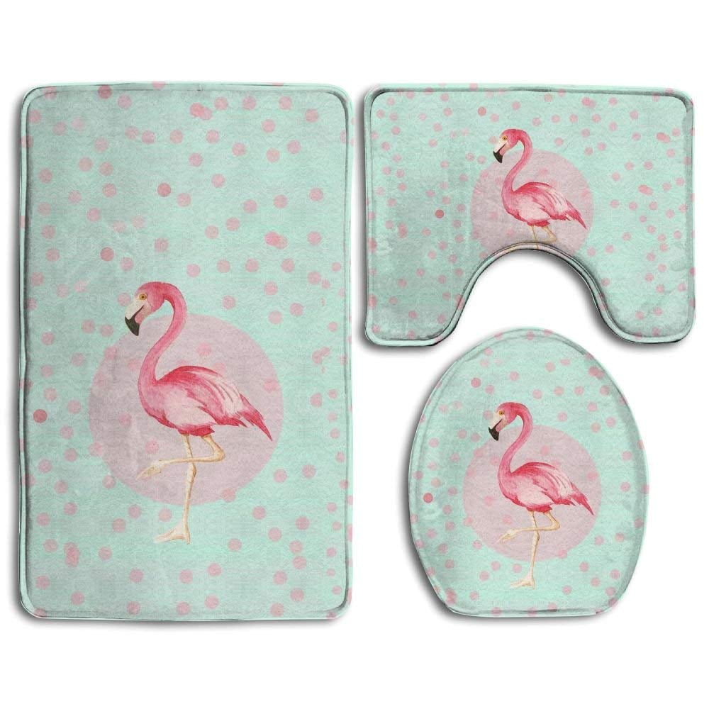 GOHAO Pink Flamingo 3 Piece Bathroom Rugs Set Bath Rug Contour Mat and Toilet Lid Cover