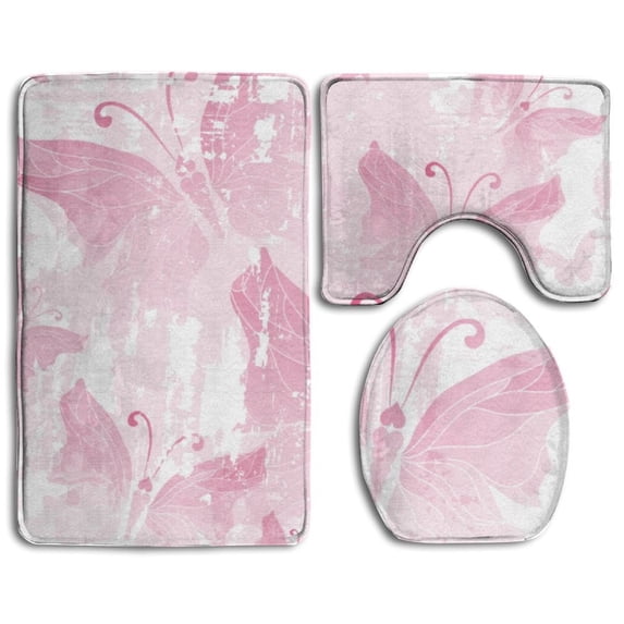 GOHAO Pink Grunge Butterfly 3 Piece Bathroom Rugs Set Bath Rug Contour Mat and Toilet Lid Cover