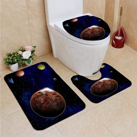 GOHAO Planet in Space Around Bright Stars 3D 3 Piece Bathroom Rugs Set Bath Rug Contour Mat and Toilet Lid Cover