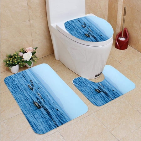 GOHAO Pod Common Dolphins 3 Piece Bathroom Rugs Set Bath Rug Contour Mat and Toilet Lid Cover
