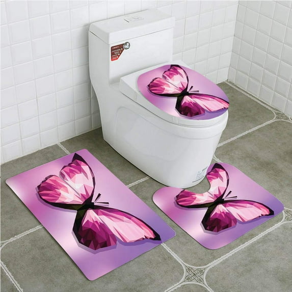 GOHAO Polygonal Pink Butterfly on Gradient 3 Piece Bathroom Rugs Set Bath Rug Contour Mat and Toilet Lid Cover